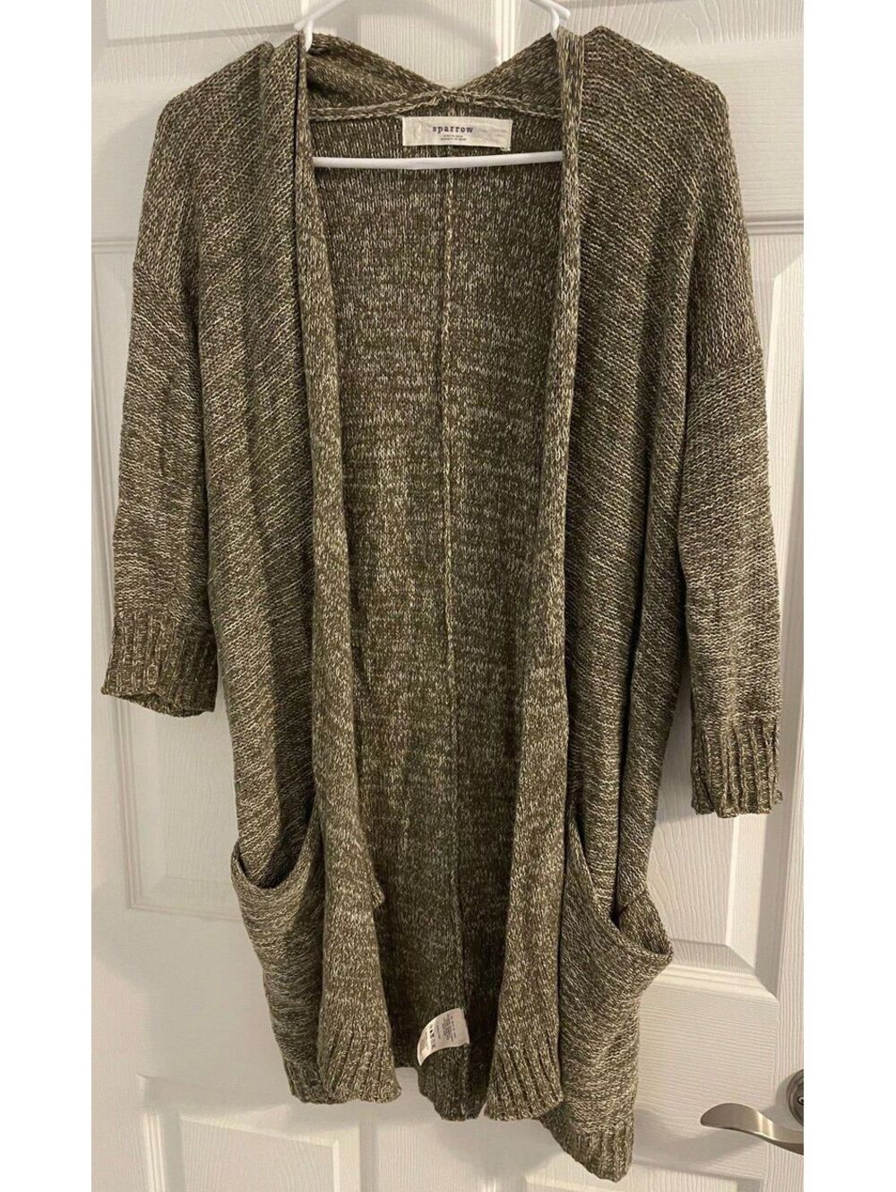 Sparrow Women’s Olive Green Open Front Cardigan Sweater Size Small Textured Knit